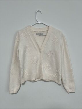 LOFT Cream Textured Star V-Neck Knit Button Cardigan Sweater